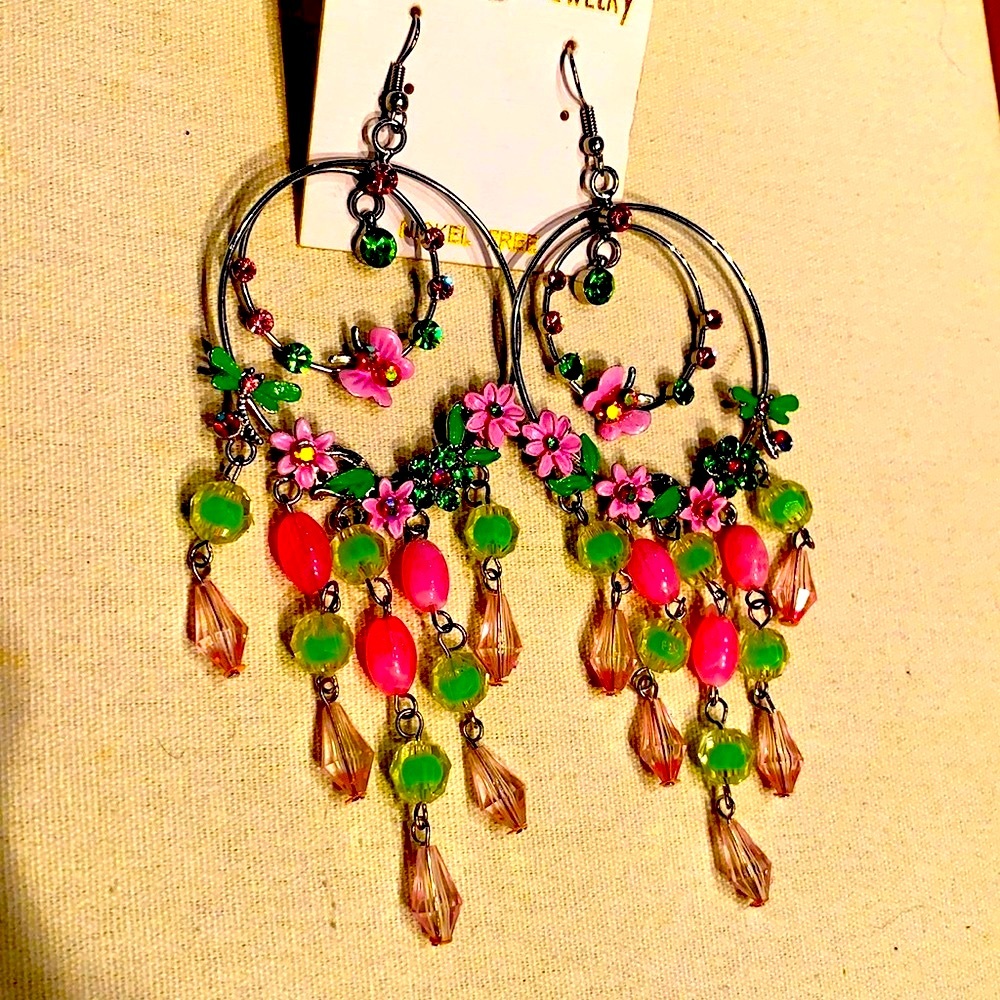 PINK AND GREEN BUTTERFLY CRYSTAL DANGLING EARRINGS
